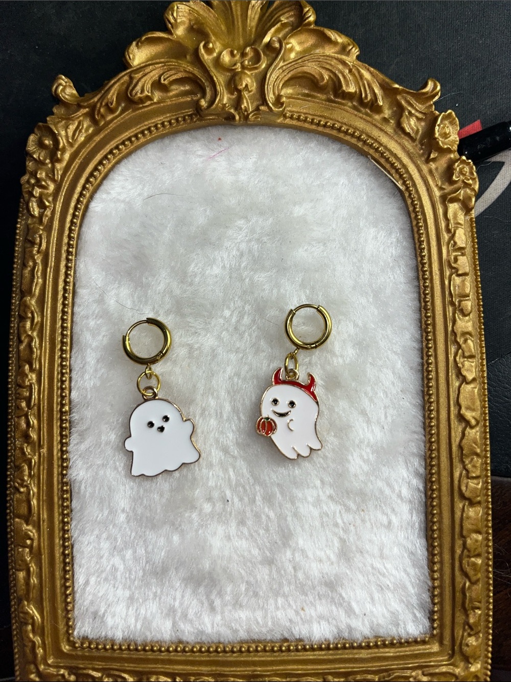 Handmade White Ghost Charm Earrings with Gold Hoops - Halloween
